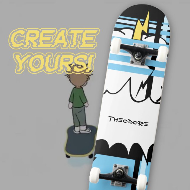 Skateboard Arte Pop Comic Audaz Pastel Relámpago Azul (Bold Comic Cloud Lightning Pop Art Skateboard ©Susanne Sachers - Sunny Wanderlust 🌞✈️)