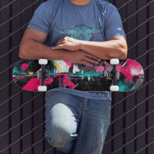 Skateboard Arte urbano grunge con rosa y azul turquesa