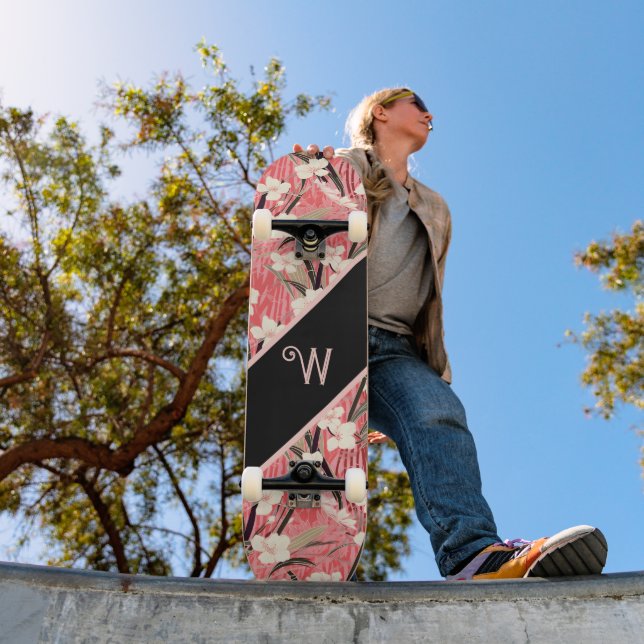 Skateboard Asian Floral Pink Peach White Chinoiserie Monogram (Exterior 1)
