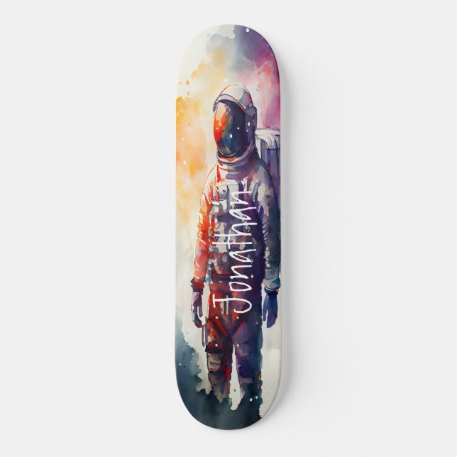 Skateboard Astronauta de acuarela para patines (Anverso)