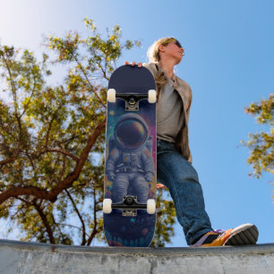 Skateboard Astronauta en Escena Espacial Colorida