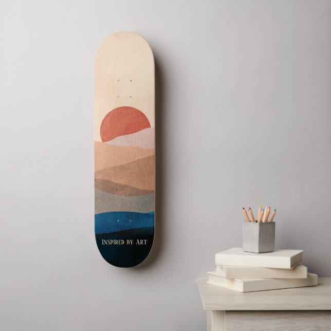 Skateboard Atardecer en las montañas, Arte Acuarela (Arte de la pared)