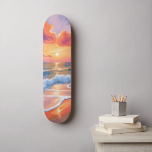 Skateboard Atardecer Oceánico en Pastel Pintura Colorida de