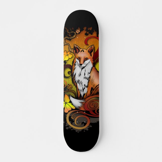 Skateboard Autumn Fox Black Background Illustration (Anverso )