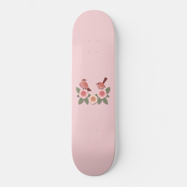 Skateboard Aves amorosas rosas y Rosas floridos (Anverso)