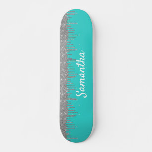 Skateboard Azul huevo de Robin con gotas de brillo plateado