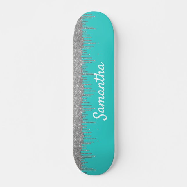 Skateboard Azul huevo de Robin con gotas de brillo plateado (Anverso )