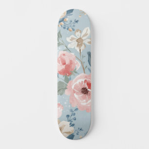 Skateboard Azul Polvoriento Floral Acuarela Jardín Rosado Flo
