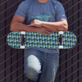 Skateboard Azul Retro y Triángulos Geométricos Verdes