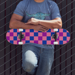 Skateboard Azul Rosa Diseño de Patrón Cuadriculado Púrpura 
