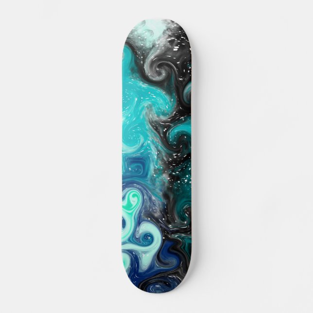 Skateboard Azul, Verde azulado, Mármol negro, arte fluido (Anverso)