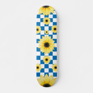 Skateboard azul y blanco Checkered y girasol