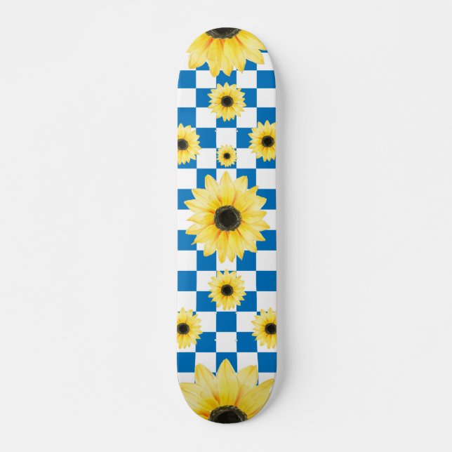 Skateboard azul y blanco Checkered y girasol (Anverso )