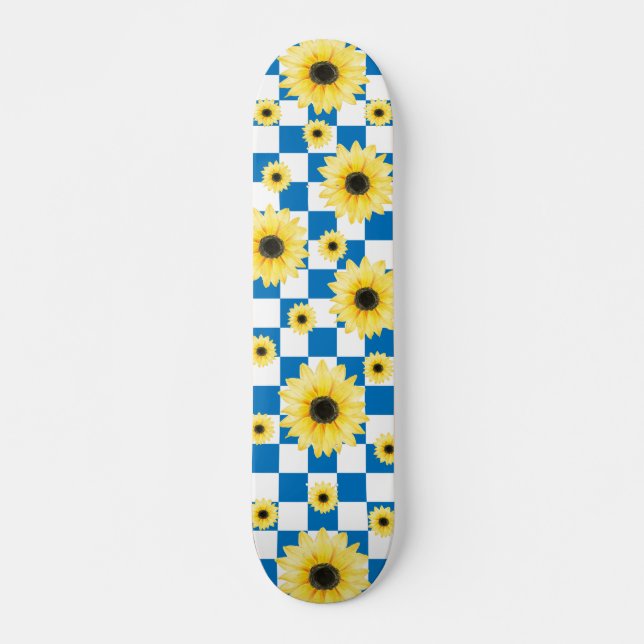 Skateboard azul y blanco Checkered y girasol (Anverso )