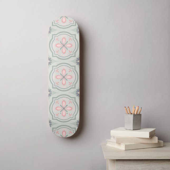 Skateboard Azulejos Florales Verde Pastel (Arte de la pared)