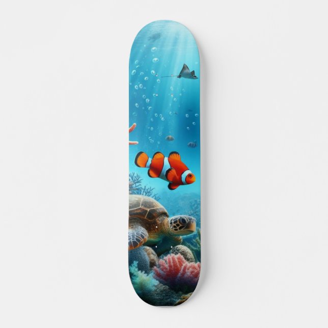 Skateboard Bajo el mar, tortuga, coral, barco, pez payaso (Anverso )