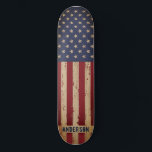 Skateboard Bandera estadounidense Patriótica Personalizada Ma<br><div class="desc">Patinaje de la bandera estadounidense en un desgastado diseño de madera . Este diseño de patinaje con estrellas y rayas de color rojo blanco y azul de los estados unidos es perfecto para regalos militares de graduación. Personaliza este patineta de bandera estadounidense con su nombre. DERECHOS RESERVADOS © 2020 Judy...</div>