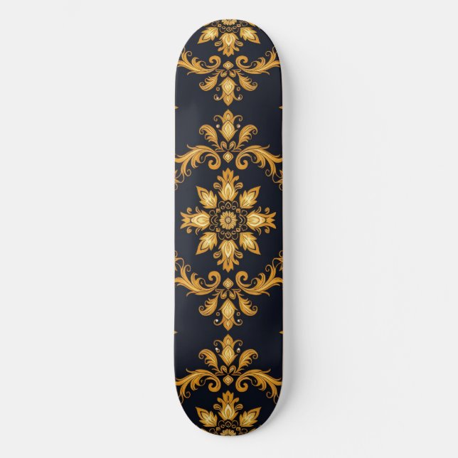 Skateboard "Barockes Ornament-Muster in Gold und Schwarz" (Anverso)