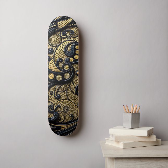 Skateboard Beautiful Black & Gold Floral and Beads Abstract (Arte de la pared)