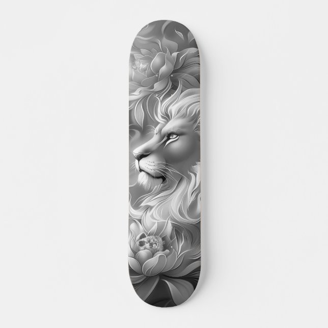 Skateboard Beautiful Fantasy Gray Scale Lion & Florals  (Anverso )