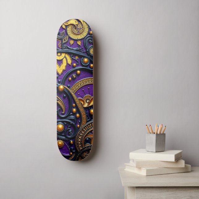 Skateboard Beautiful Purple Black Gold Floral Abstract (Arte de la pared)