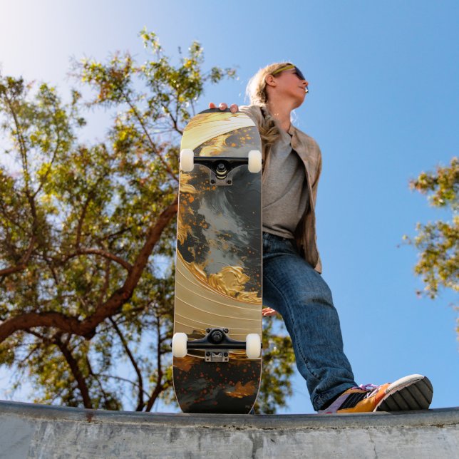 Skateboard Black Gold Abstract Swirl Modern Moon (Exterior 1)