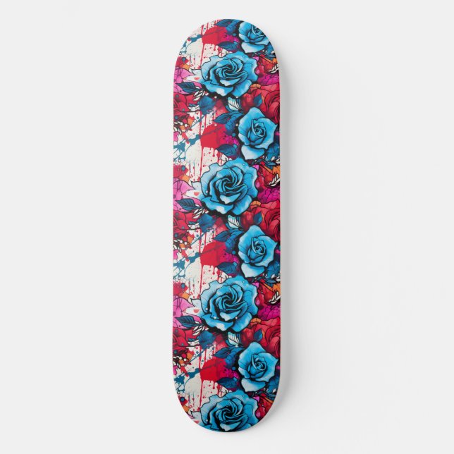 Skateboard Bloom Urbano: Graffiti Rosa Rojo y Azul (Anverso)