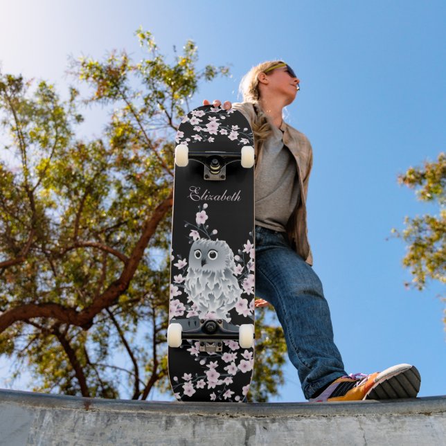 Skateboard Blossom de cerezo de búho rosado Nombre de añadir  (Exterior 1)
