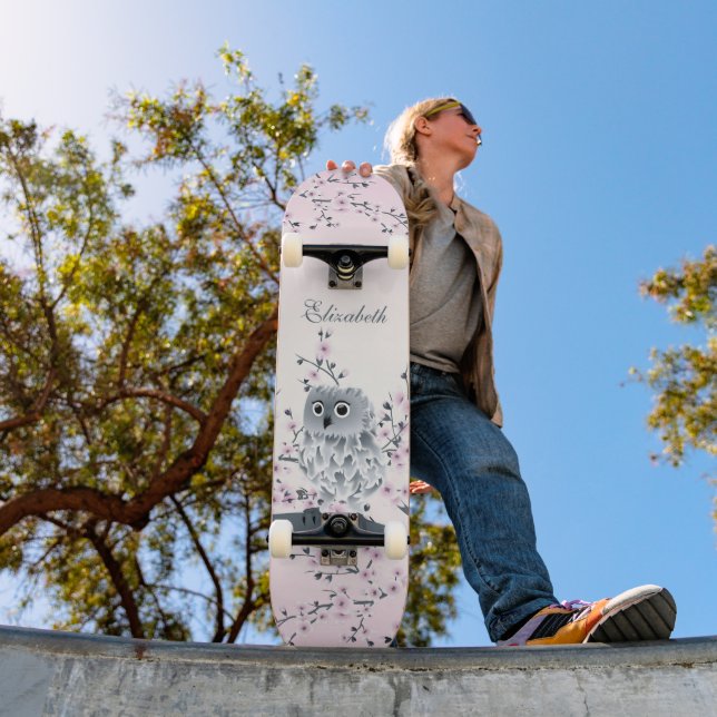 Skateboard Blossom de cerezo de lechuza rosa Añadir nombre (Exterior 1)