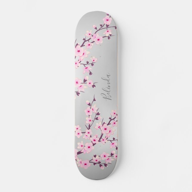Skateboard Blossom de cerezo Gris rosa Asia Floral Monograma (Anverso)