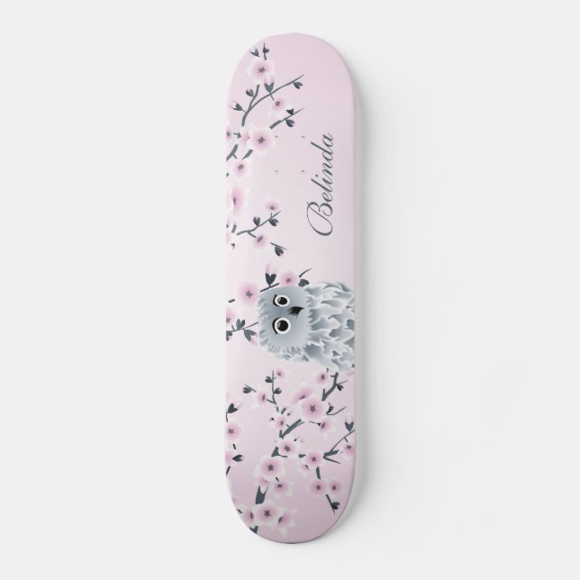 Skateboard Blossom rosado de cerezo de búho lindo Monograma (Anverso)