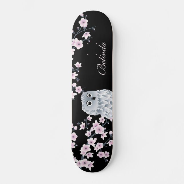Skateboard Blossom rosado de cerezo de búho lindo Monograma G (Anverso)