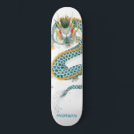 Skateboard Blue Gold Dragon personalizada<br><div class="desc">Patineta de dragón de arte asiático atrevida personalizada con tu nombre en un tipo sans serif rojo. Dorado azul y negro.</div>