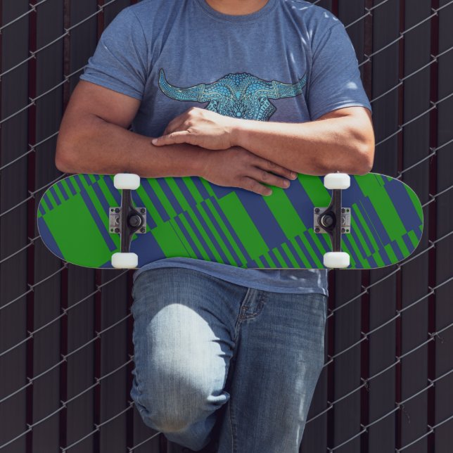 Skateboard Blue Green Patchwork Stripes Design  (Exterior 3)