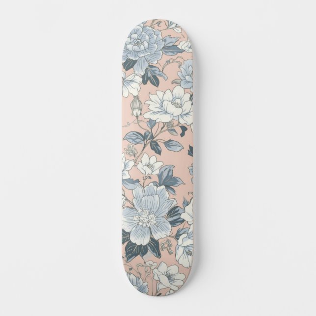 Skateboard Blue Peonies Peach Botanical Vintage Floral (Anverso)