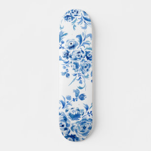 Skateboard Blue Portuguese Floral Pattern