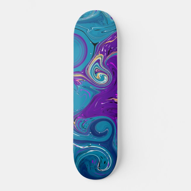 Skateboard Blue, Verde azulado, Purple Swirls Fluid art Skate (Anverso)