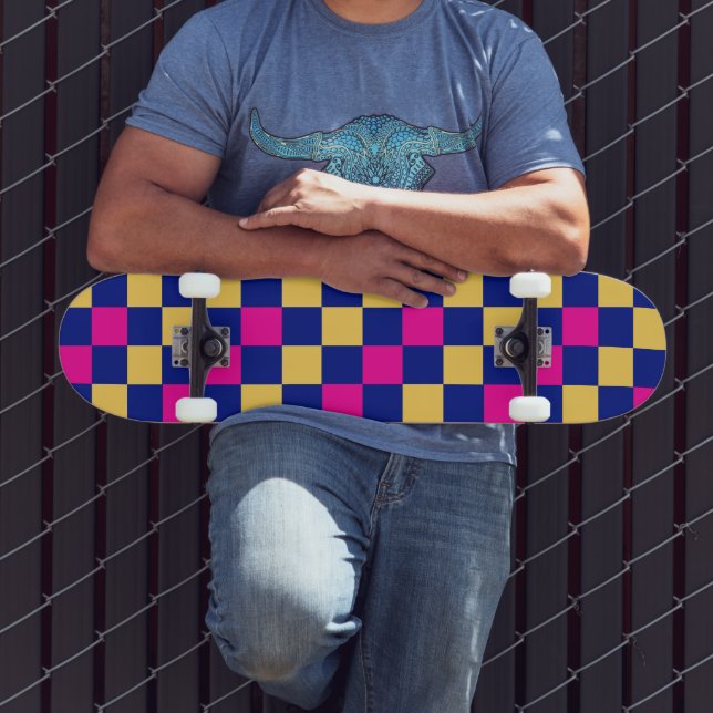Skateboard Blue Yellow Pink Checkered Pattern Design  (Exterior 3)