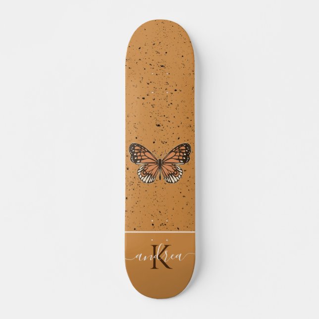 Skateboard Boho Naranja de mariposa Grunge Monograma Bonito d (Anverso )