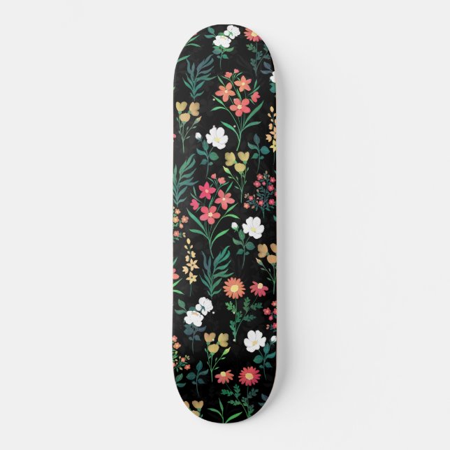 Skateboard Bonito acuarela Floral Negro Botánico (Anverso)