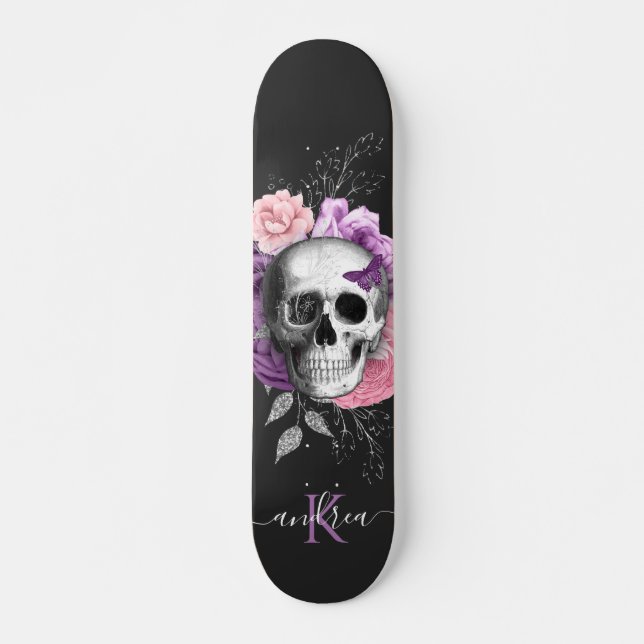 Skateboard Bonito Floral Calavera Hojas Botánicas Nombre Mono (Anverso )