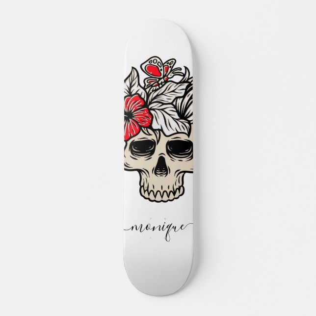 Skateboard Bonito Floral Skull Skeleton gótico nombre de moda (Anverso )