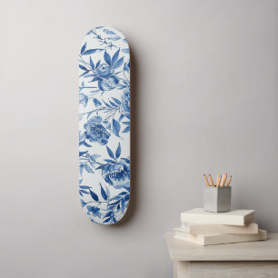 Skateboard Botánico Floral Acuarela Chinoiserie Azul