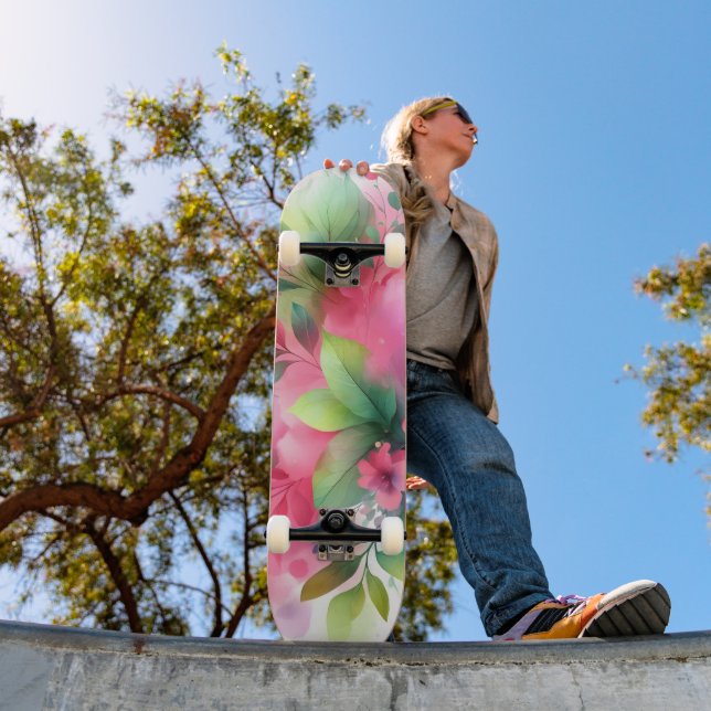 Skateboard Botánico Floral Acuarela Rosa Verde (Exterior 1)