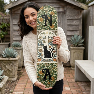 Skateboard Botánicos de Gato Negro Místico Monogramas de Fase