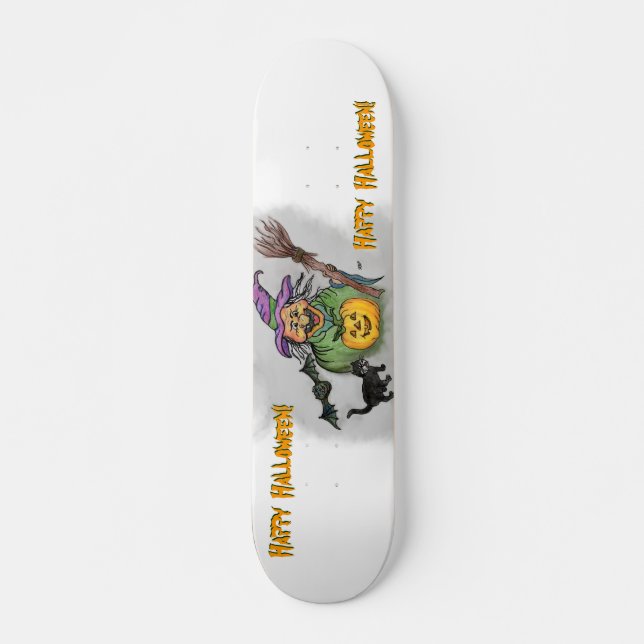 Skateboard Bruja, Bat y Gato, ¡Feliz Halloween! (Anverso )
