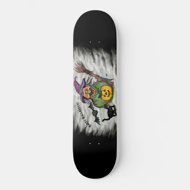 Skateboard Bruja, gato, murciélago y calabaza, Feliz Hallowee (Anverso)