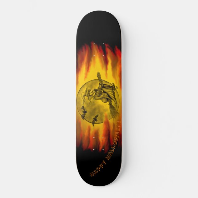 Skateboard Bruja voladora con gato negro, noche de halloween (Anverso)