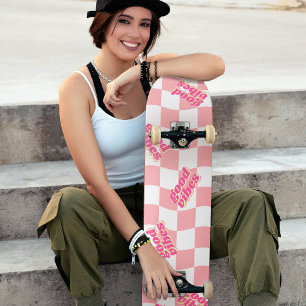 Skateboard Buenas vibraciones Girly Pastel Blanco Rosado Cheq