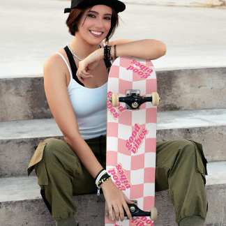 Skateboard Buenas vibraciones Girly Pastel Blanco Rosado Cheq